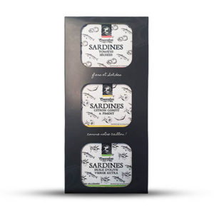 Image montrant le coffret trio sardines (à l'huile d'olive, au citron confit et piment, et aux tomates séchées) - 3*115g