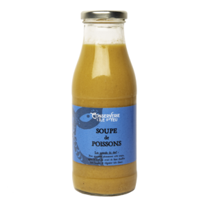Bouteille de soupe de poisson traditionnelle de l'Ile d'Yeu, riche en saveurs marines, avec plus de 40% de poissons issus de la pêche française.