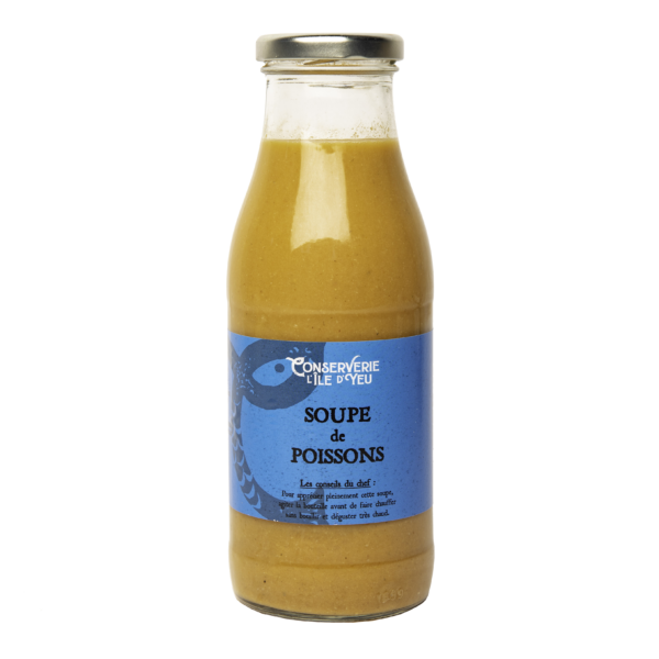 Bouteille de soupe de poisson traditionnelle de l'Ile d'Yeu, riche en saveurs marines, avec plus de 40% de poissons issus de la pêche française.
